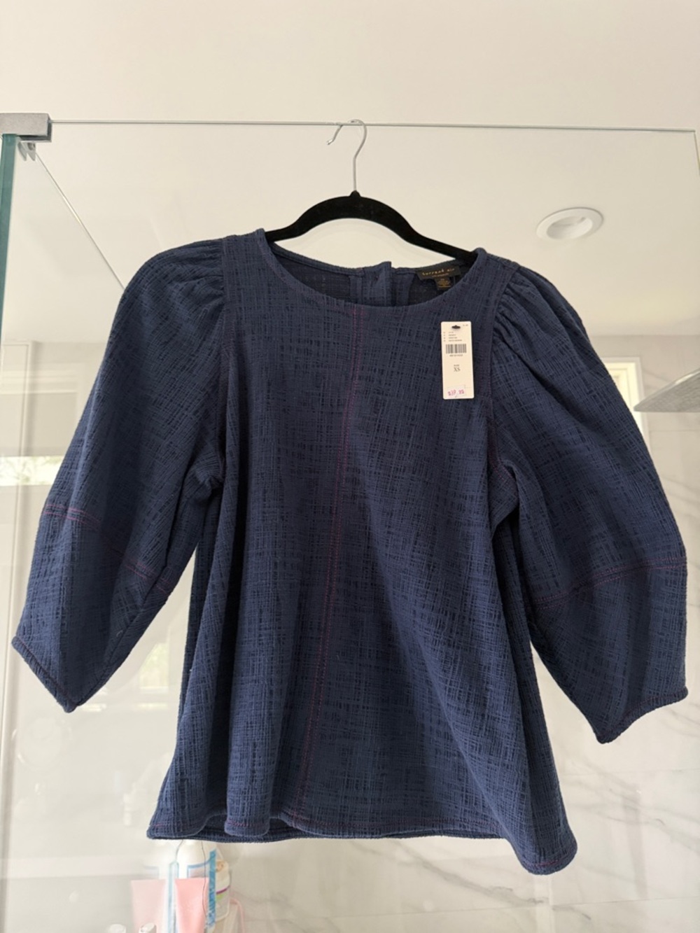 Anthropologie Current Air Navy Textured Puff-Sleeve Blouse